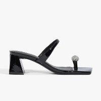 Sandália Mule Salto Médio Couro Verniz Strass Preta