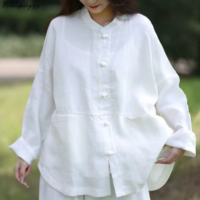 Traje branco tradicional chinês feminino, camisa vintage, tops de algodão e