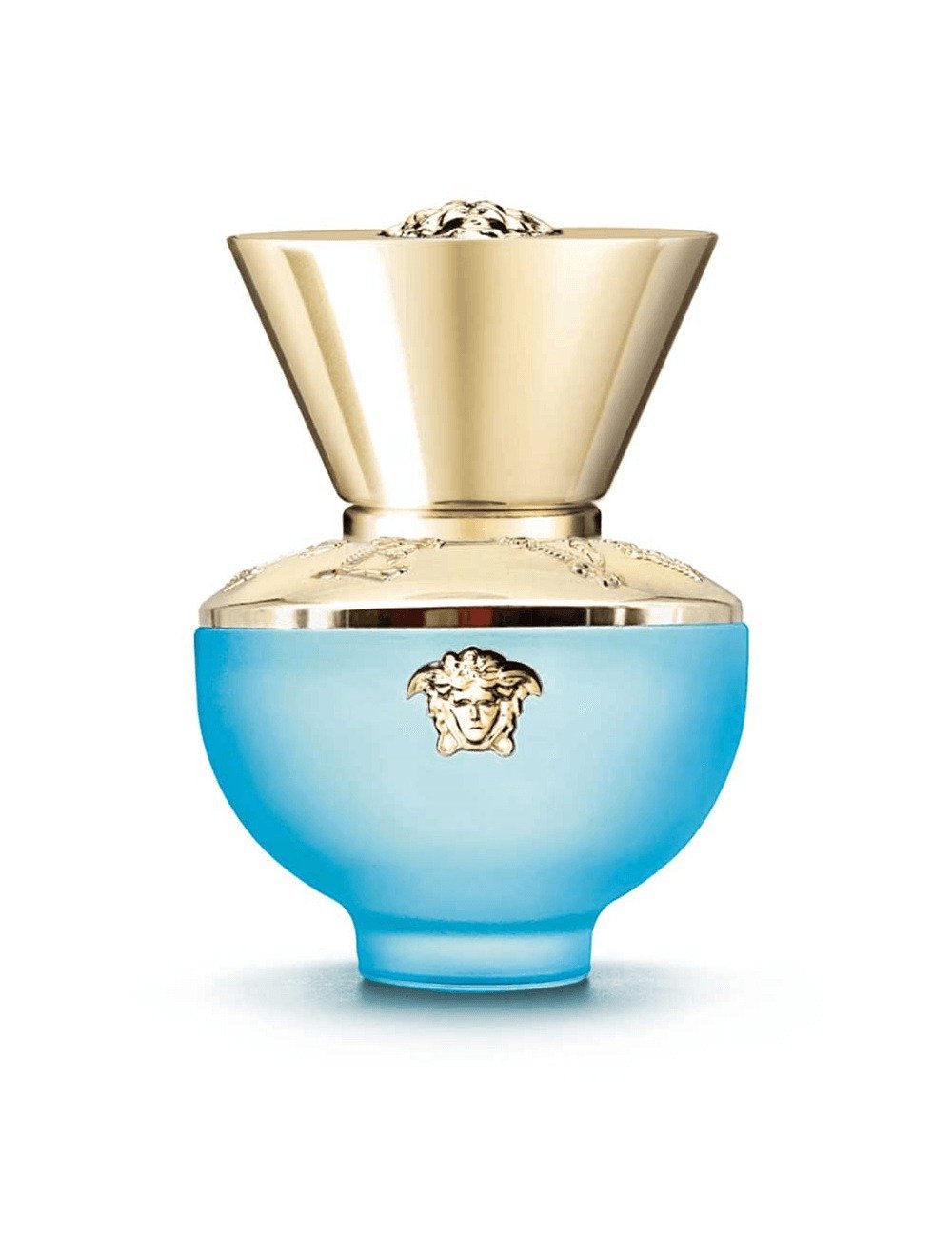 Fragrâncias sofisticadas com frasco azul fosco e tampa dourada metálica, destacando luxo e elegância atemporal.