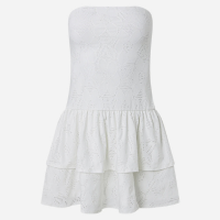 Vestido Curto em Laise com Babados e Bordado Floral Off White