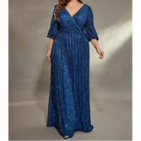 Vestido De Festa plus Size Com Decote Em V E Lantejoulas, Manga Média, Vest