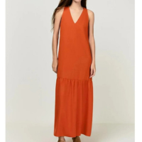 Vestido Dzarm Longo Evasê Em Viscose Com Linho - Laranja