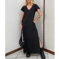 Vestido Longo de Algodão com Bolso Decote V Preto - Preto