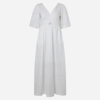 Vestido Reto Longo em Laise com Furos e Bordado de Folhagem Off White
