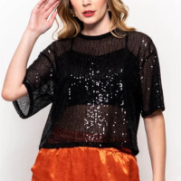 Blusa Bisô Manga Curta Paetê Preto - Preto - P - Preto