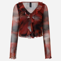 Blusa em Tule com Estampa Abstrata e Decote V com Babados Vermelho