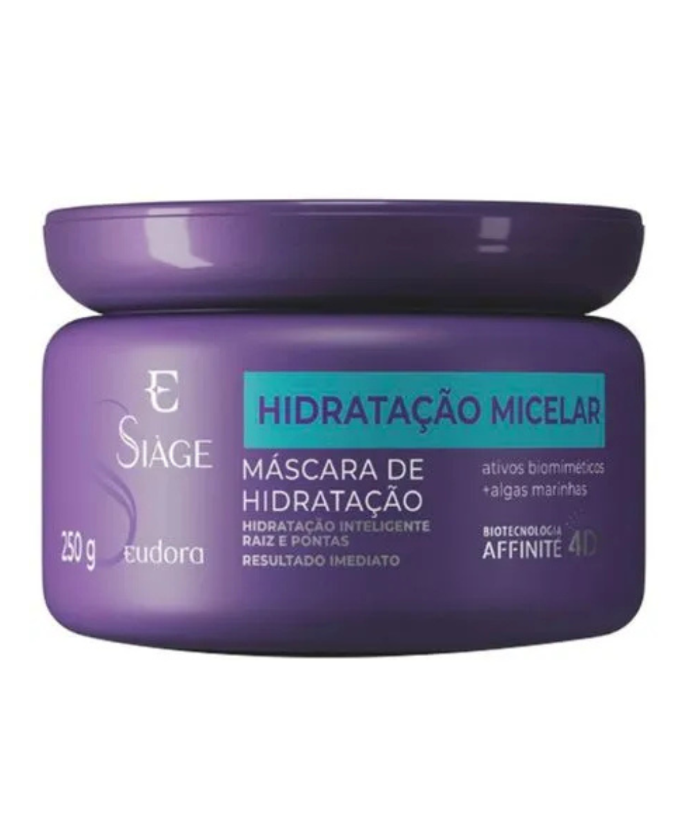Máscara de hidratação micelar Siàge em embalagem roxa, indicada para hidratações para cabelo cacheado com resultado imediato.