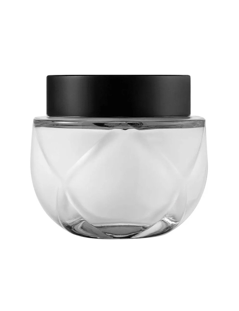 Pote de vidro transparente com tampa preta fosca, design elegante e minimalista ideal para os hidratantes mais cheirosos.