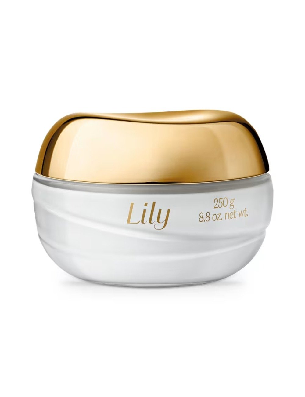 Hidratante mais cheirosos Lily em pote branco com tampa dourada brilhante, design elegante e sofisticado.