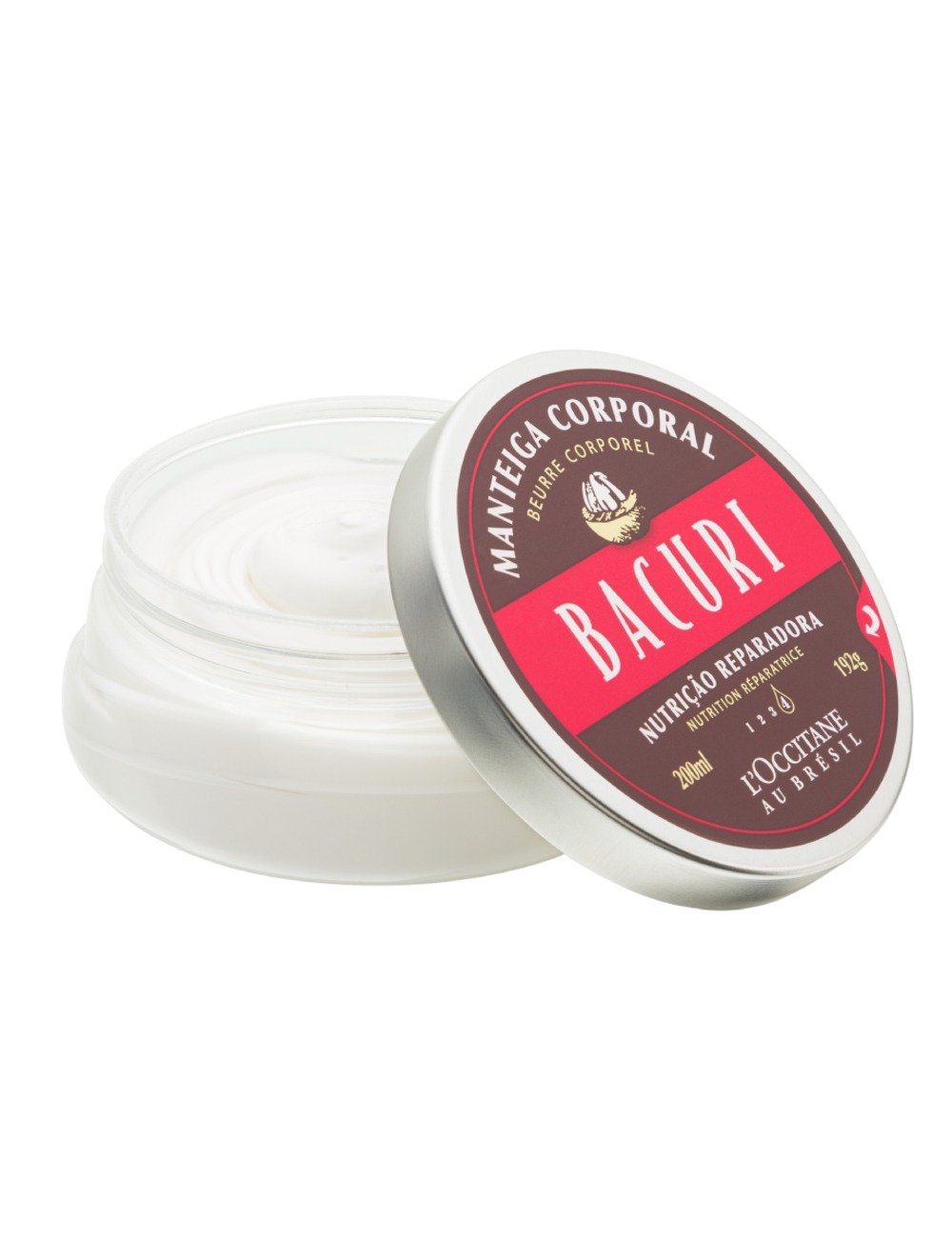 Manteiga corporal Bacuri da L’Occitane, pote transparente com creme branco e tampa prata com rótulo marrom e vermelho