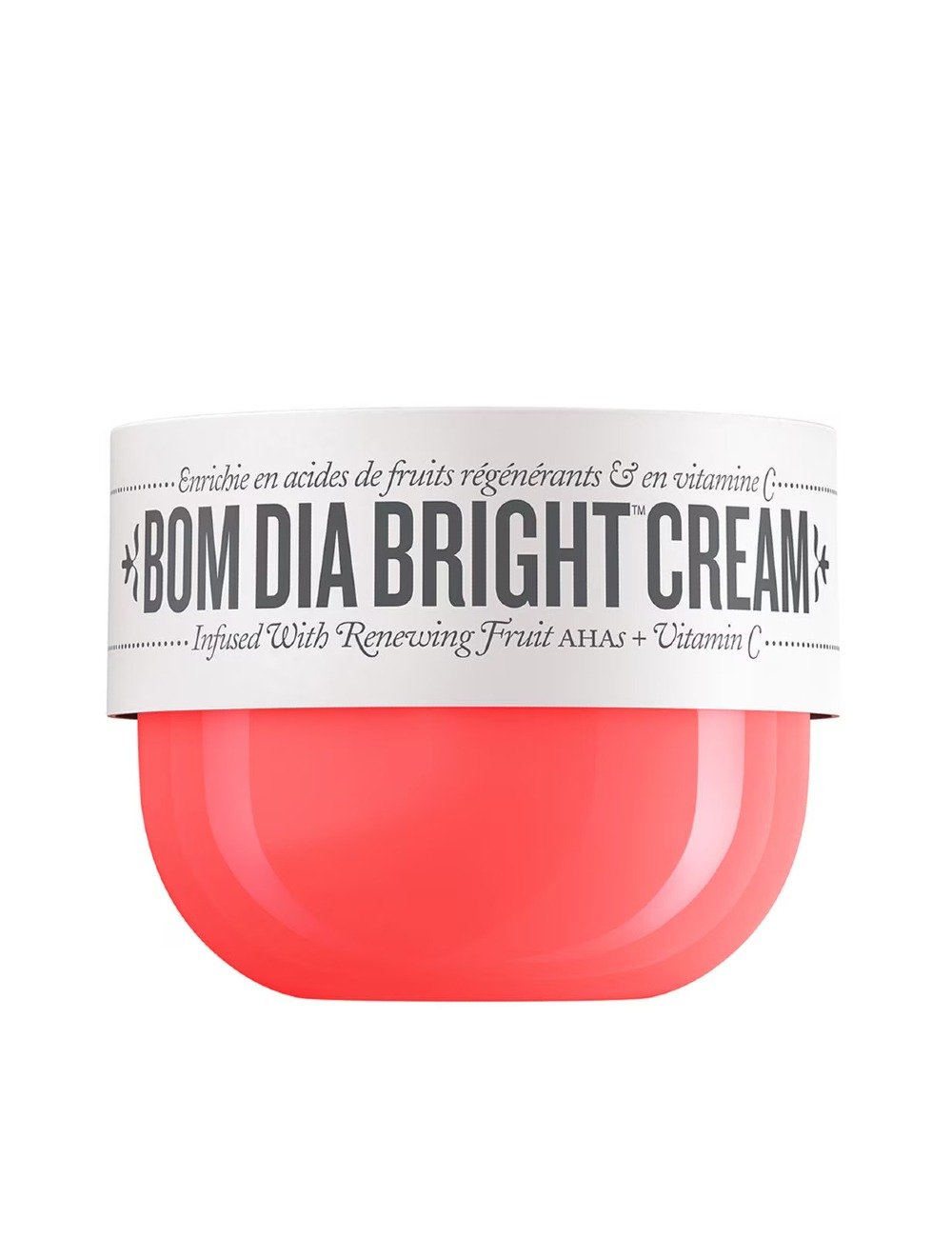 Hidratante mais cheirosos em pote arredondado coral com tampa branca e texto em preto destacando vitamina C e ácidos