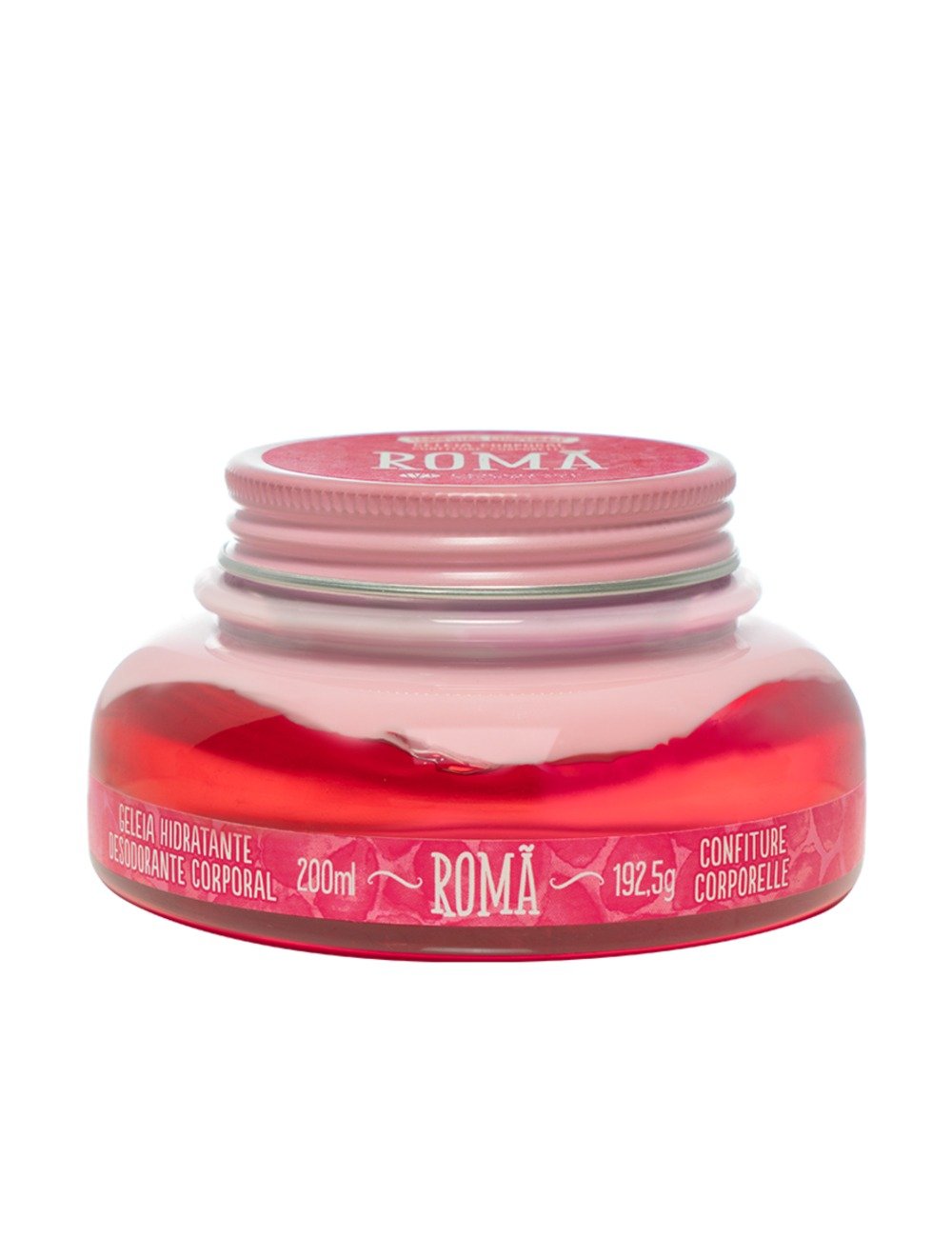 Pote arredondado rosa e vermelho de geleia hidratante corporal Roma com 200ml, ideal entre os hidratantes mais cheirosos