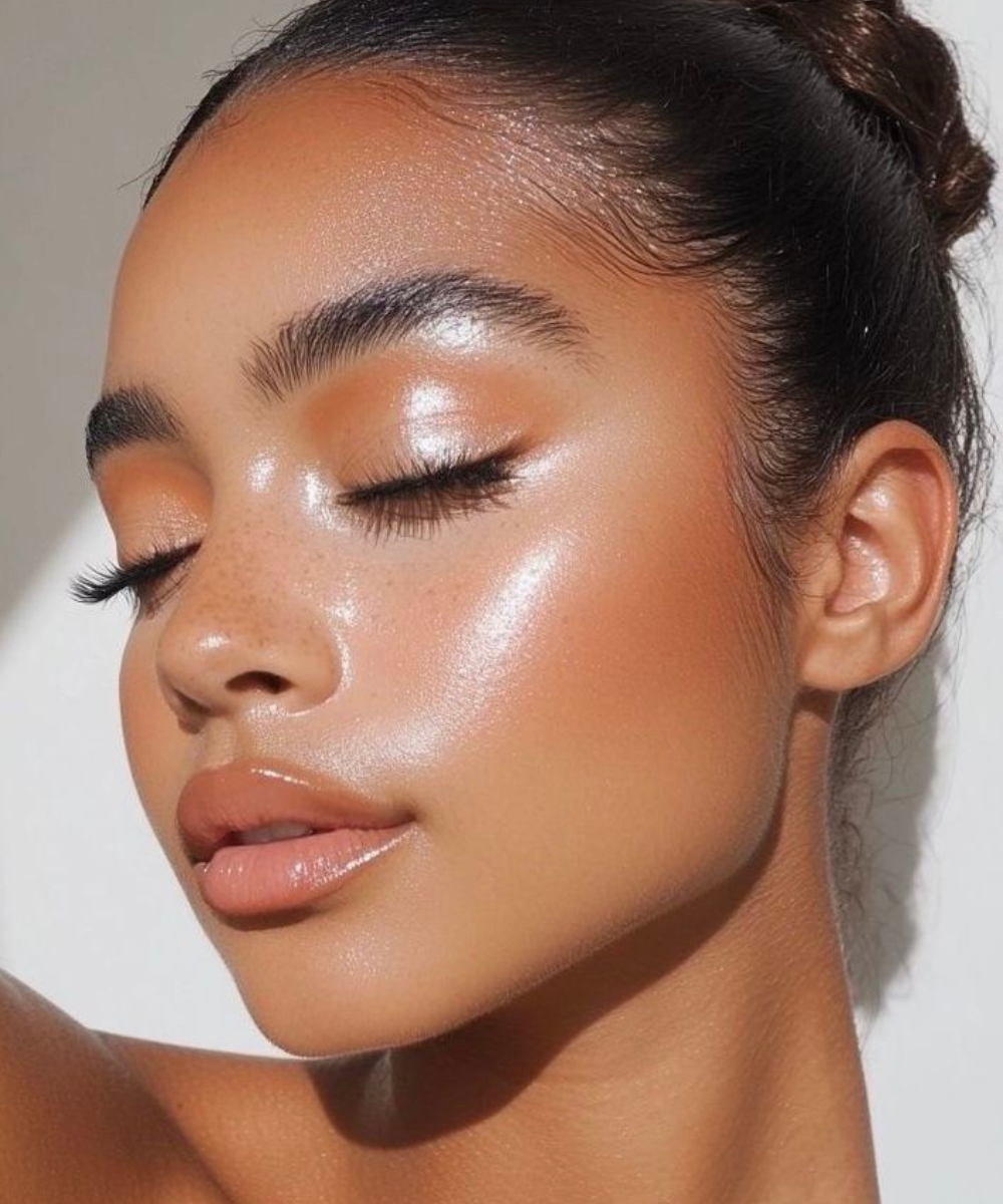 Modelo com pele bronzeada e iluminador com efeito molhado realça maçãs, têmporas e canto interno dos olhos, criando glow