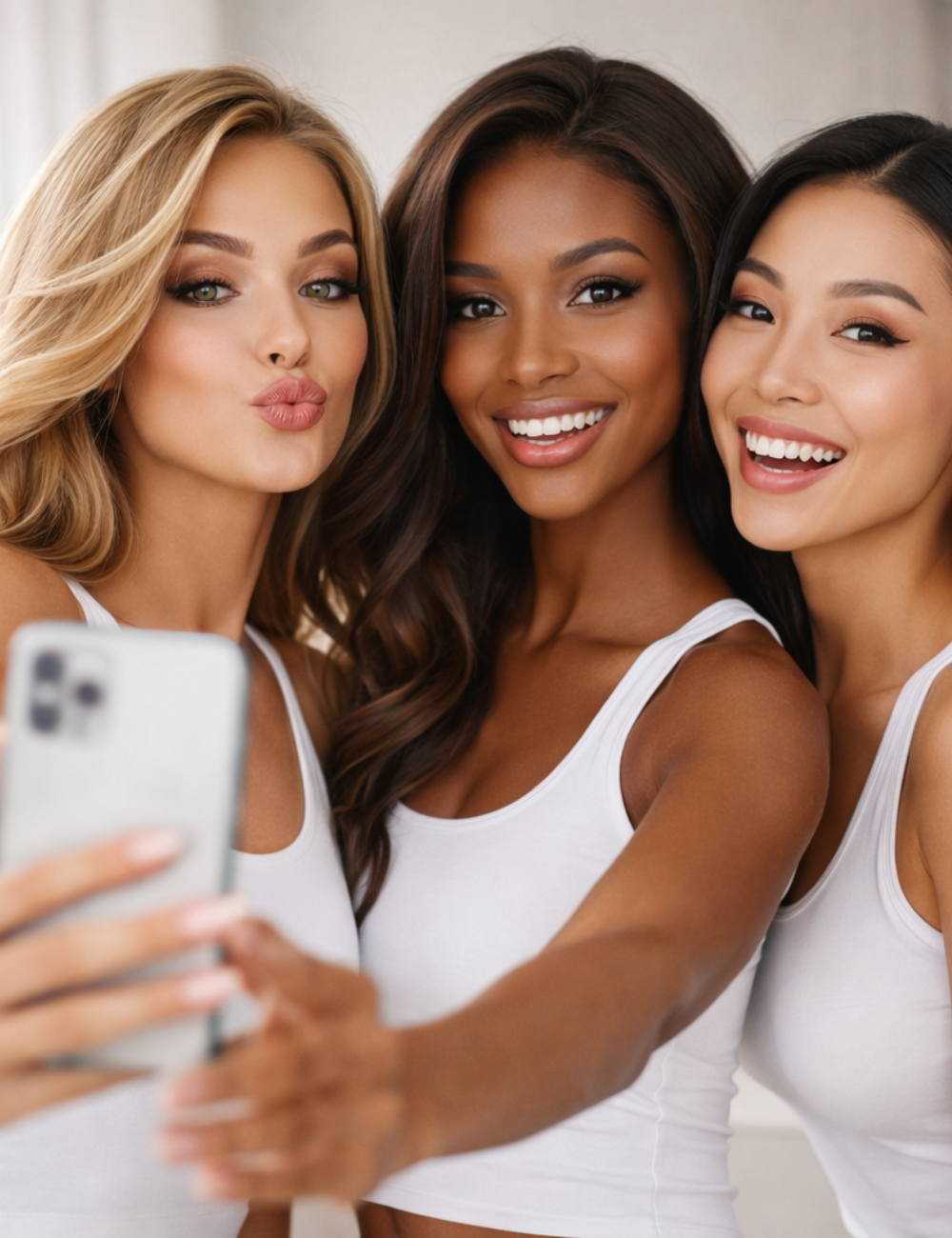 Três mulheres com tops brancos ajustados posam sorrindo para selfie, celebrando o glow up com pele radiante e maquiagem.