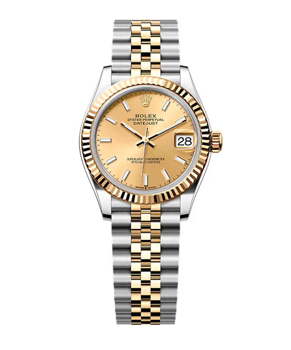 Relógio feminino Rolex com caixa e pulseira em aço e ouro amarelo, mostrador dourado e design clássico sofisticado.
