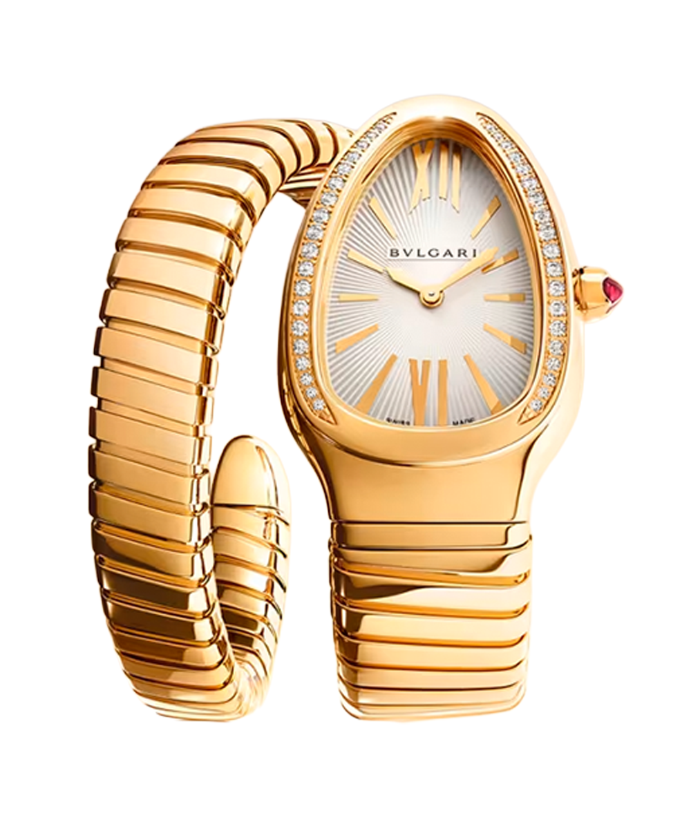 Relógio feminino BVLGARI com design em ouro rosa, pulseira tubular flexível e caixa em formato de gota cravejada por