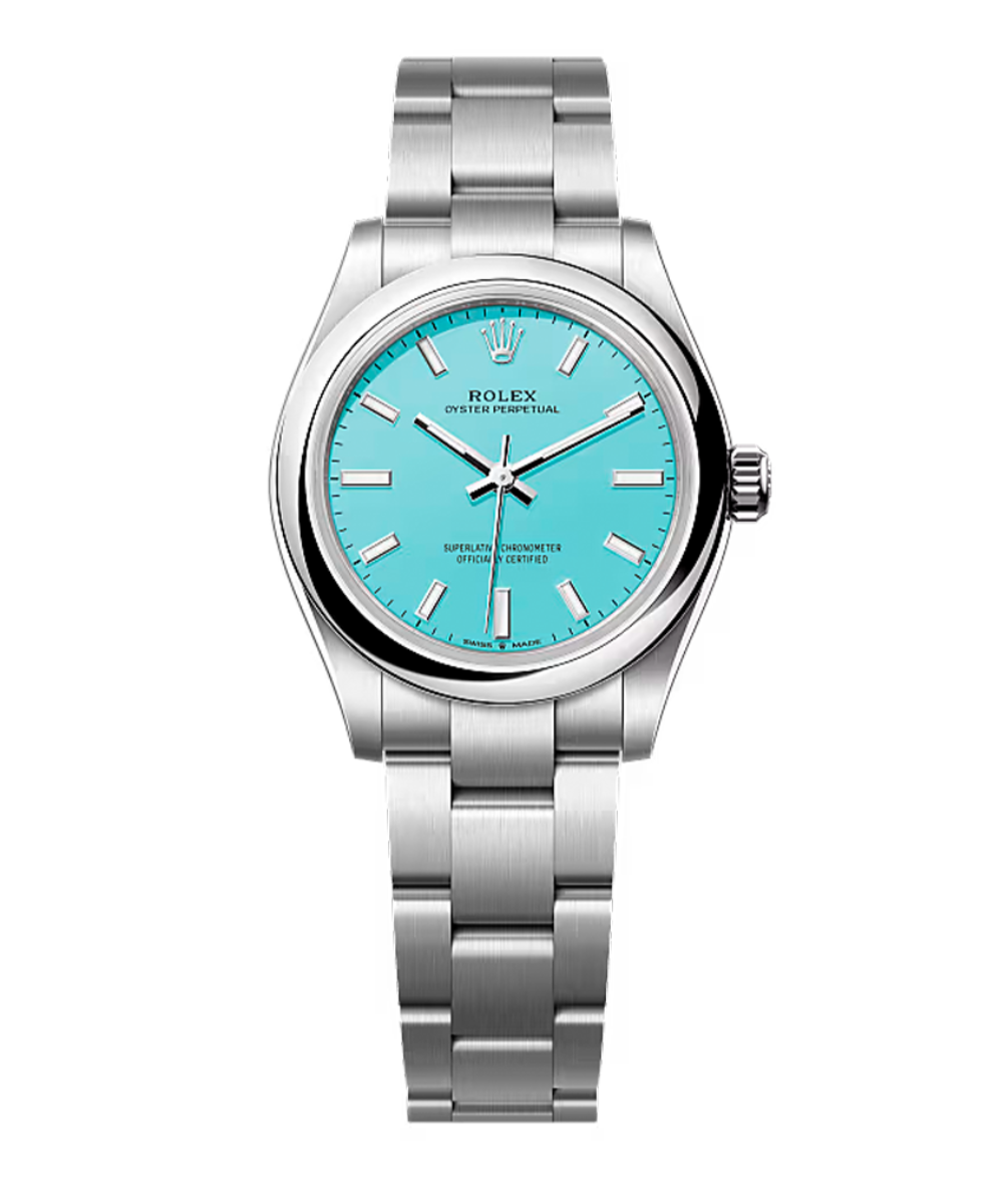 Relógio feminino Rolex Oyster Perpetual com pulseira de aço prateado e mostrador azul turquesa vibrante, estilo clássico e
