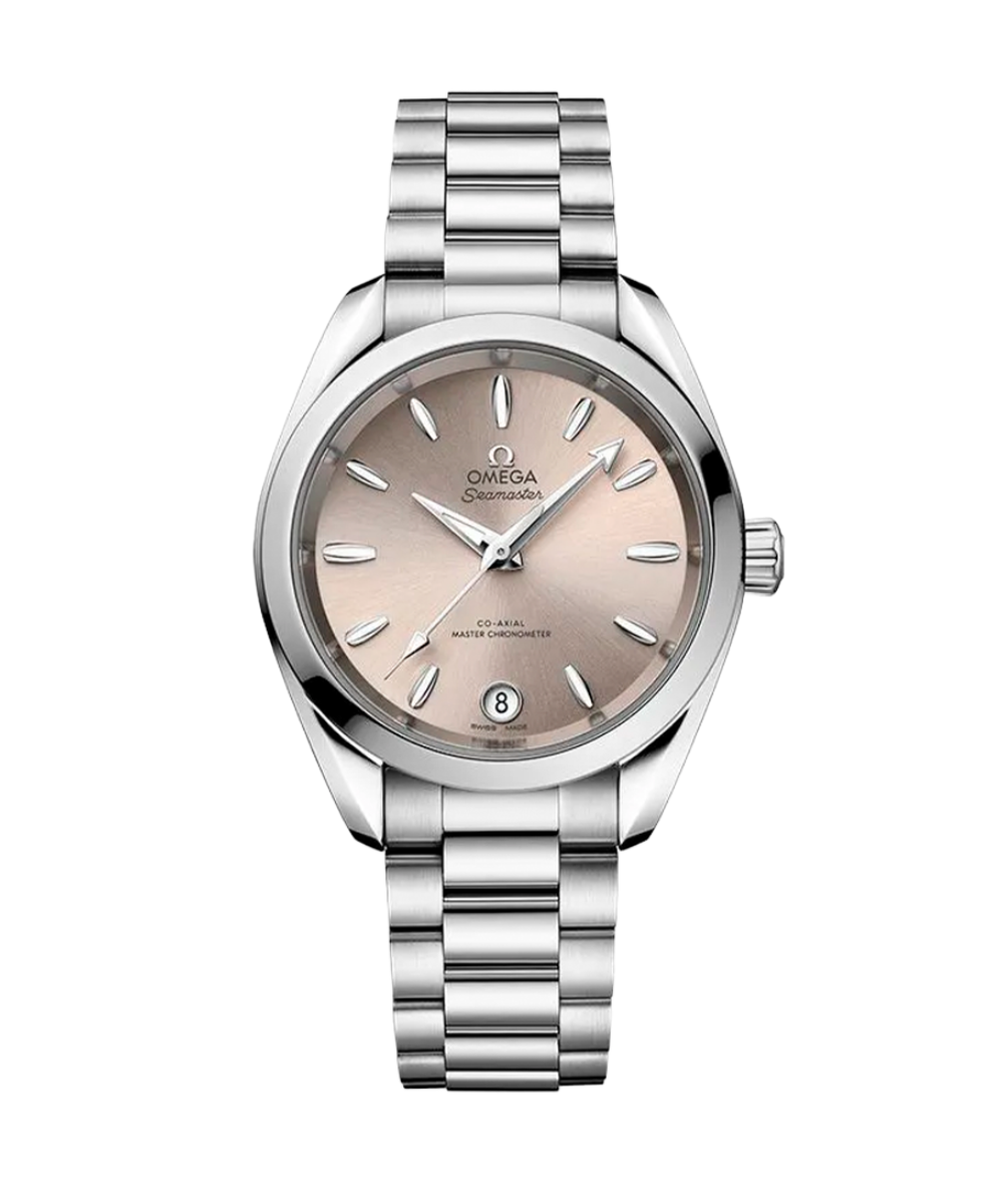Relógio feminino Omega Seamaster com pulseira de aço prateado e mostrador rosé elegante, ideal para estilo sofisticado e