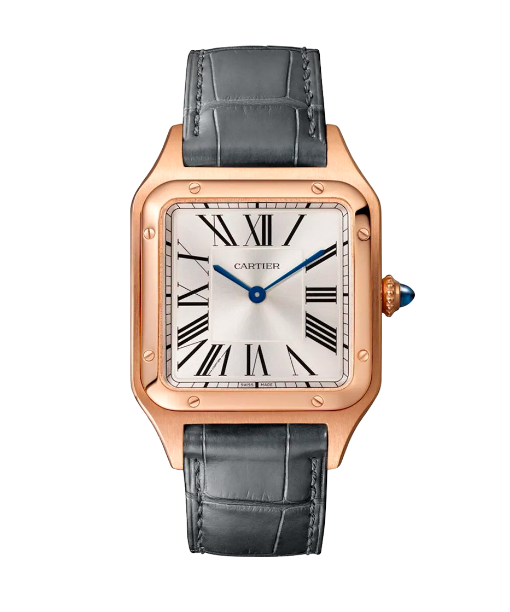 Relógio feminino Cartier com caixa quadrada em ouro rosa, mostrador branco com números romanos e pulseira preta em couro