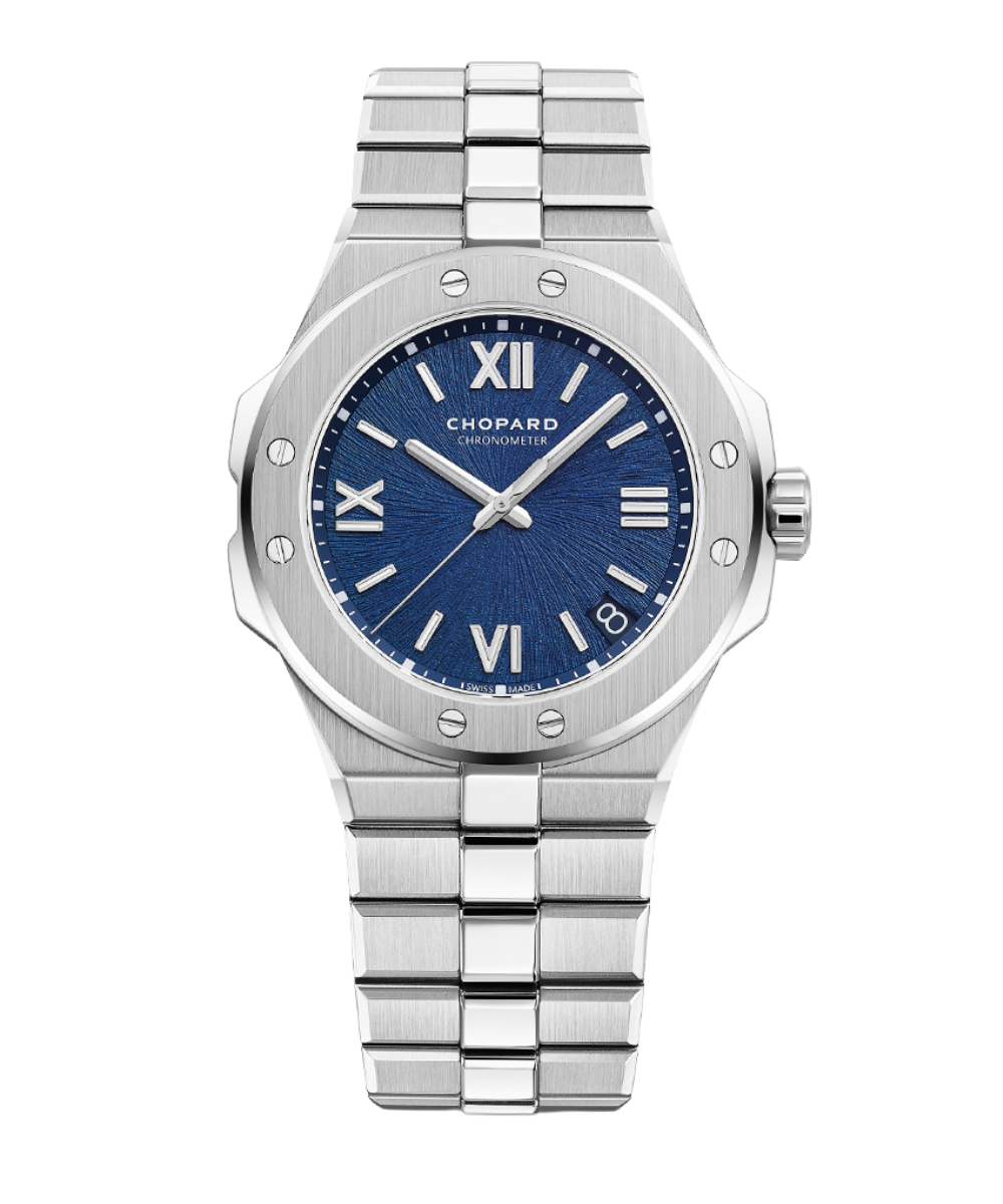 Relógio feminino Chopard com pulseira e caixa em aço inox, mostrador azul texturizado e numerais romanos em prata.