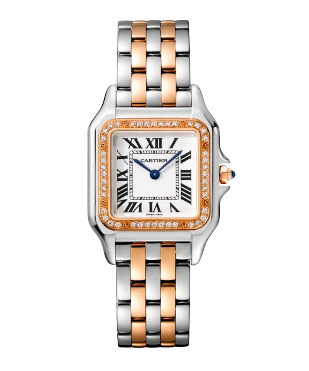 Relógio feminino Cartier com pulseira bicolor em aço e ouro rosé, caixa quadrada com bezel cravejado de diamantes, estilo
