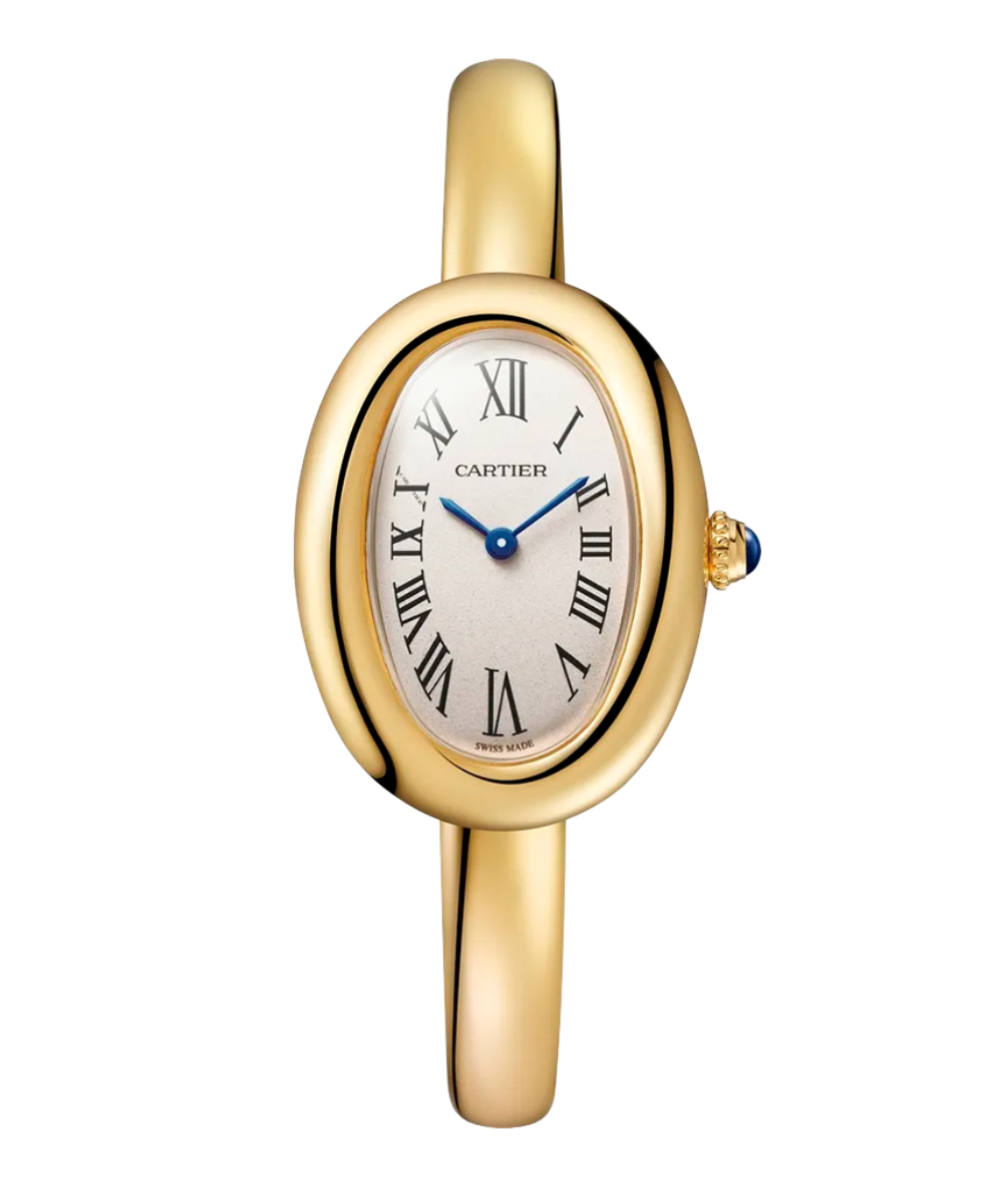 Relógio feminino Cartier com design oval em ouro amarelo, mostrador branco com números romanos e ponteiros azuis, elegante e