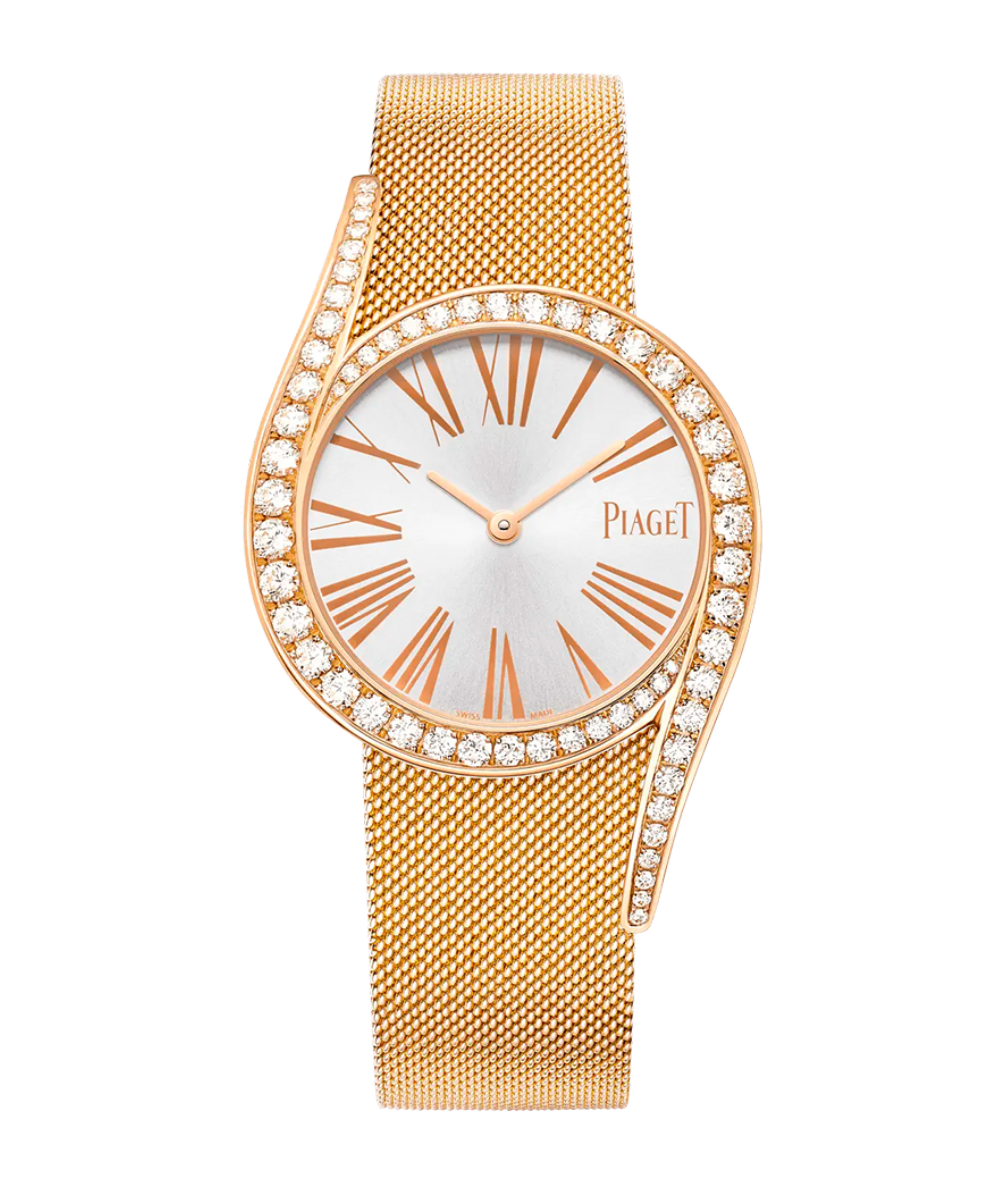 Relógio feminino Piaget em ouro rosé com pulseira mesh, mostrador prateado, números romanos e detalhes em diamantes.