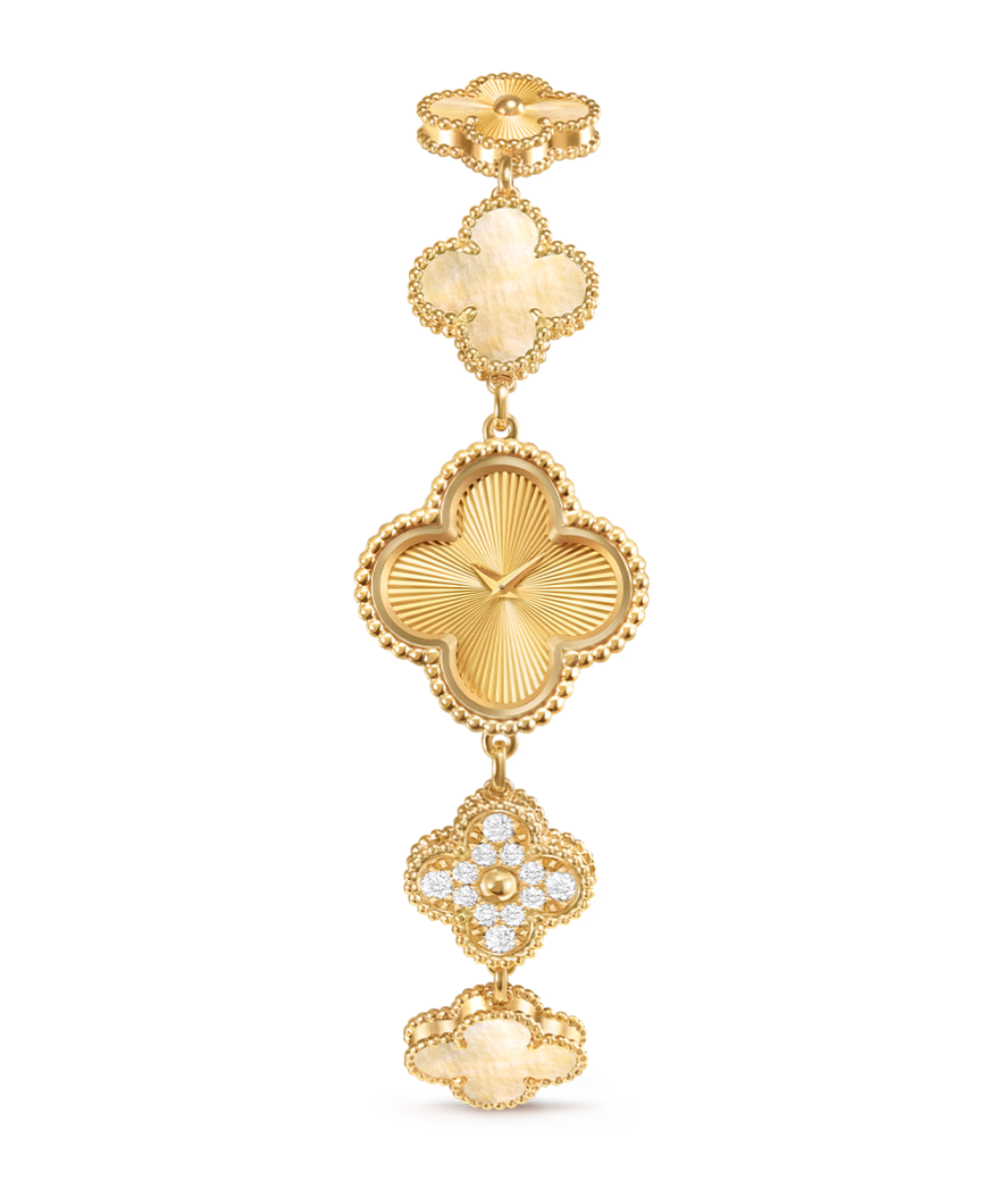 Relógio feminino em ouro amarelo com design floral elegante, detalhes em madrepérola e diamantes, estilo sofisticado e