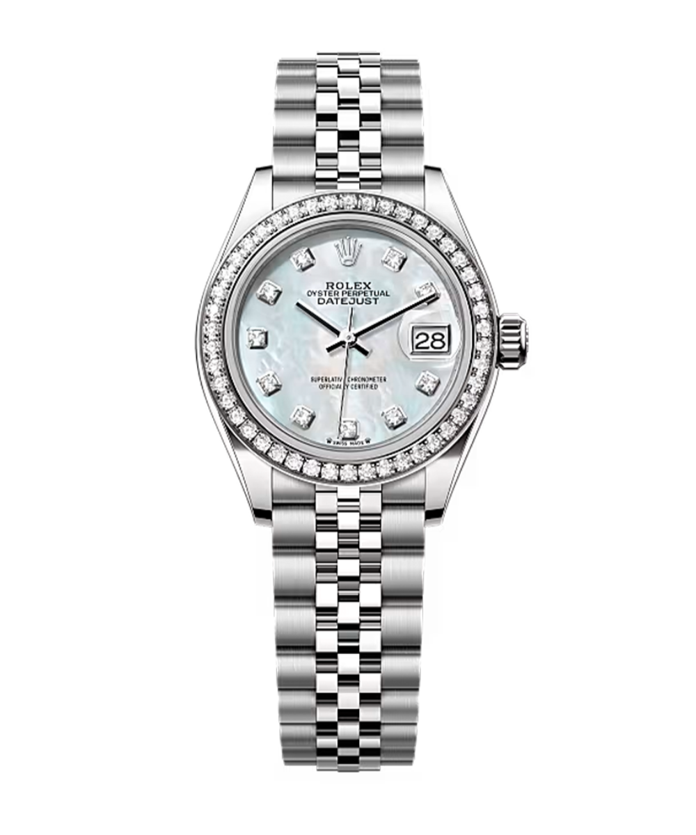 Relógio feminino Rolex em aço prateado com mostrador madrepérola, detalhes em diamantes e design sofisticado para elegância