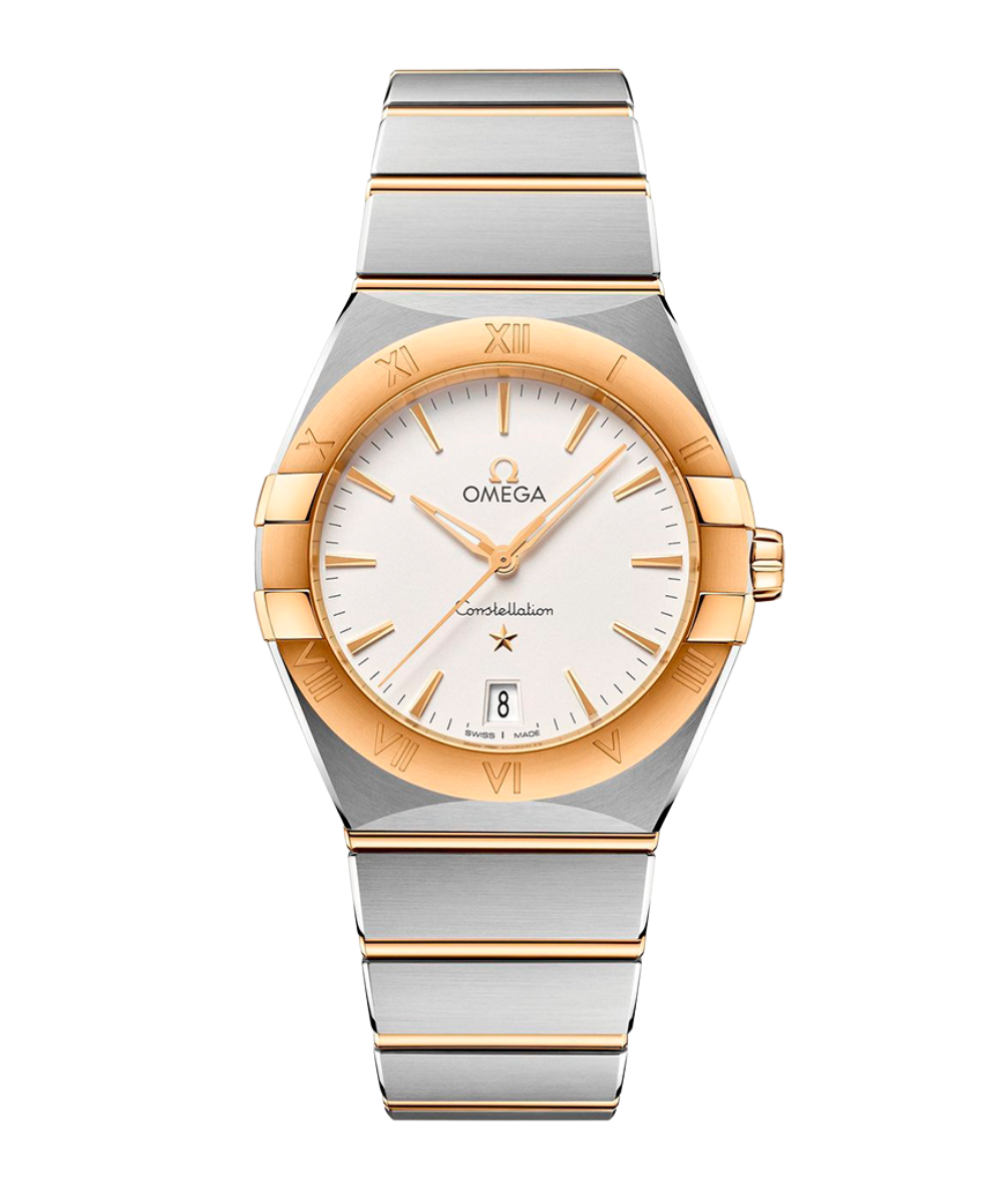 Relógio feminino Omega Constellation com pulseira em aço e detalhes dourados, mostrador branco minimalista e design elegante.