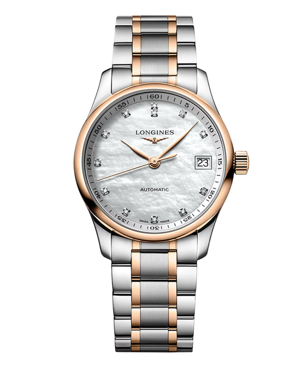 Relógio feminino Longines com pulseira de aço bicolor, mostrador perolado, detalhes em ouro rosé e marcadores de cristal,