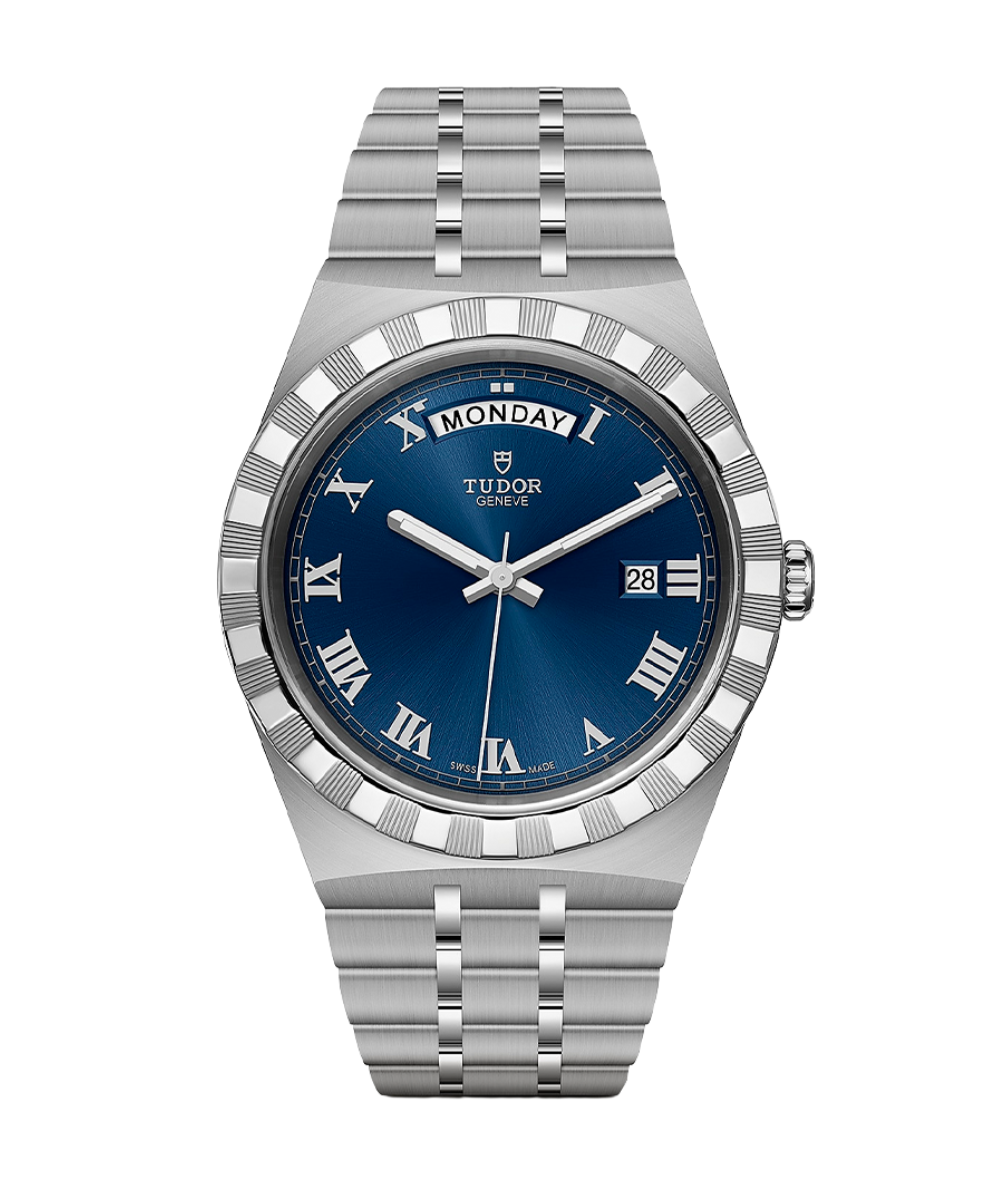 Relógio feminino Tudor em aço prateado com mostrador azul, numerais romanos e design clássico sofisticado.