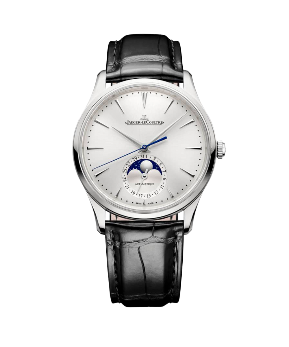 Relógio feminino com pulseira de couro preta texturizada, caixa em aço inox prateado e mostrador branco com detalhes em