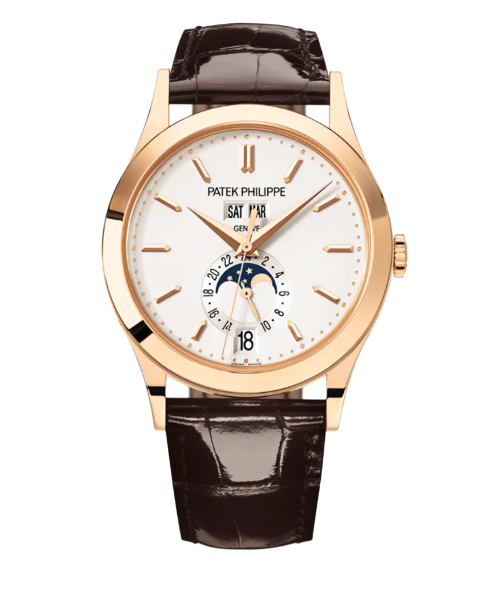 Relógio feminino com caixa dourada, mostrador branco com calendário lunar e pulseira de couro marrom brilhante, elegante e