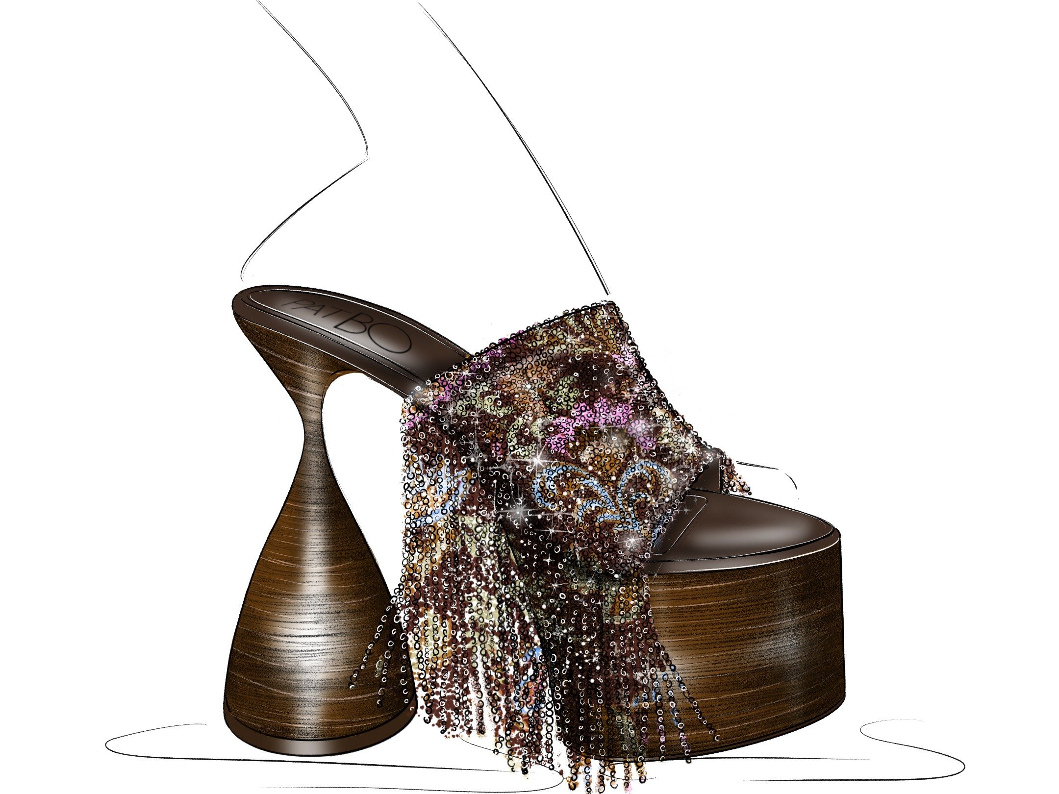 Sandália PatBO com salto escultural em madeira e plataforma, acabamento em paetês coloridos e franjas que criam efeito