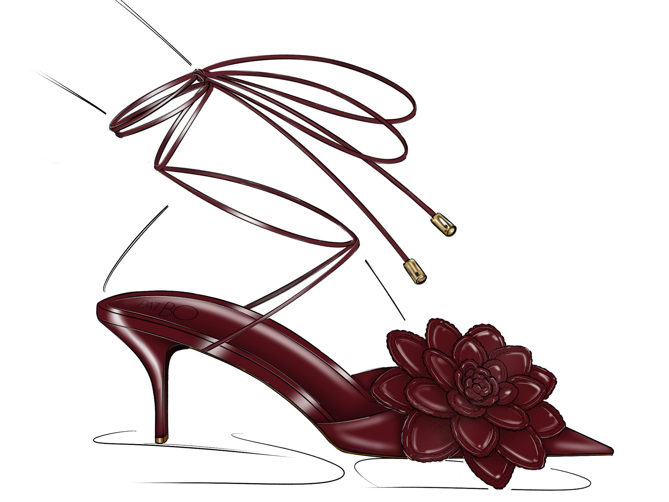 Sandália PatBO vinho em couro com salto fino médio, amarração delicada no tornozelo e flor 3D frontal, elegante e