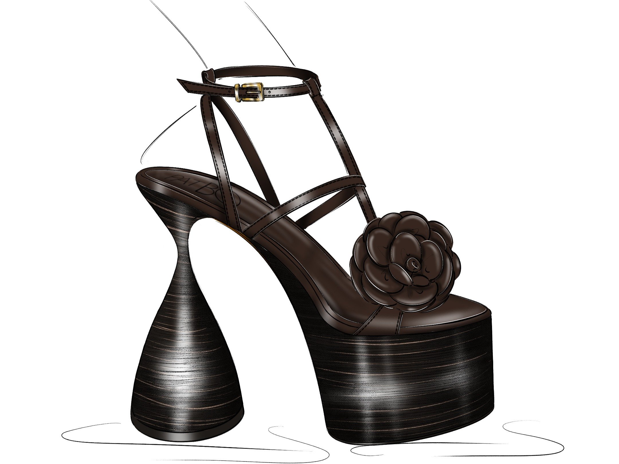 Sandália PatBO marrom com salto bloco escultural em madeira, tiras finas e flor 3D frontal que une elegância e ousadia.