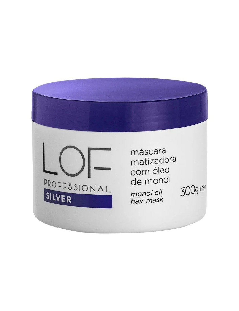 Máscara matizadora LOF Professional Silver com óleo de monoi, embalagem branca e tampa roxa, 300g, ideal para cuidados