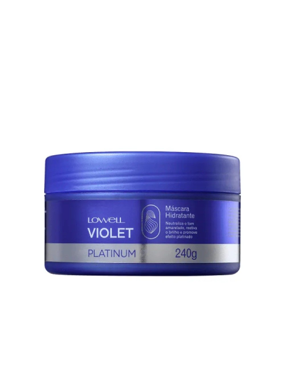 Máscara matizadora Lowell Violet Platinum em pote roxo metálico de 240g, hidrata e neutraliza tons amarelados
