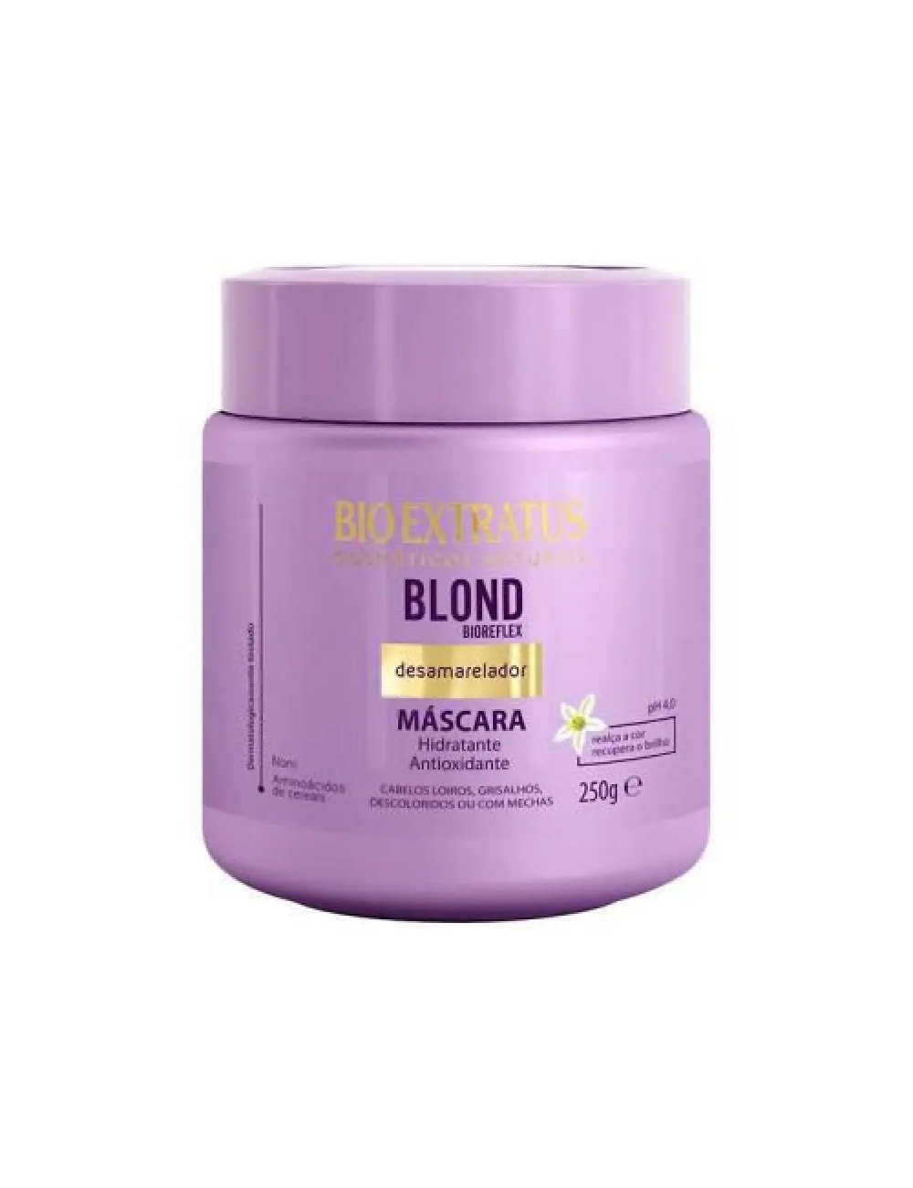 Máscara matizadora Bio Extratus Blond desamarelador em embalagem lilás, hidratante e antioxidante para cabelos loiros