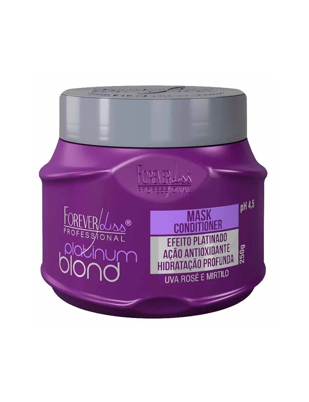Máscara matizadora Forever Liss Platinum Blond em pote roxo com tampa cinza, promove efeito platinado e hidratação profunda.