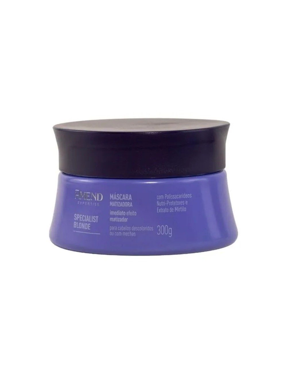 Máscara matizadora em pote roxo com tampa preta, design compacto e rótulo com texto branco destacando efeito imediato