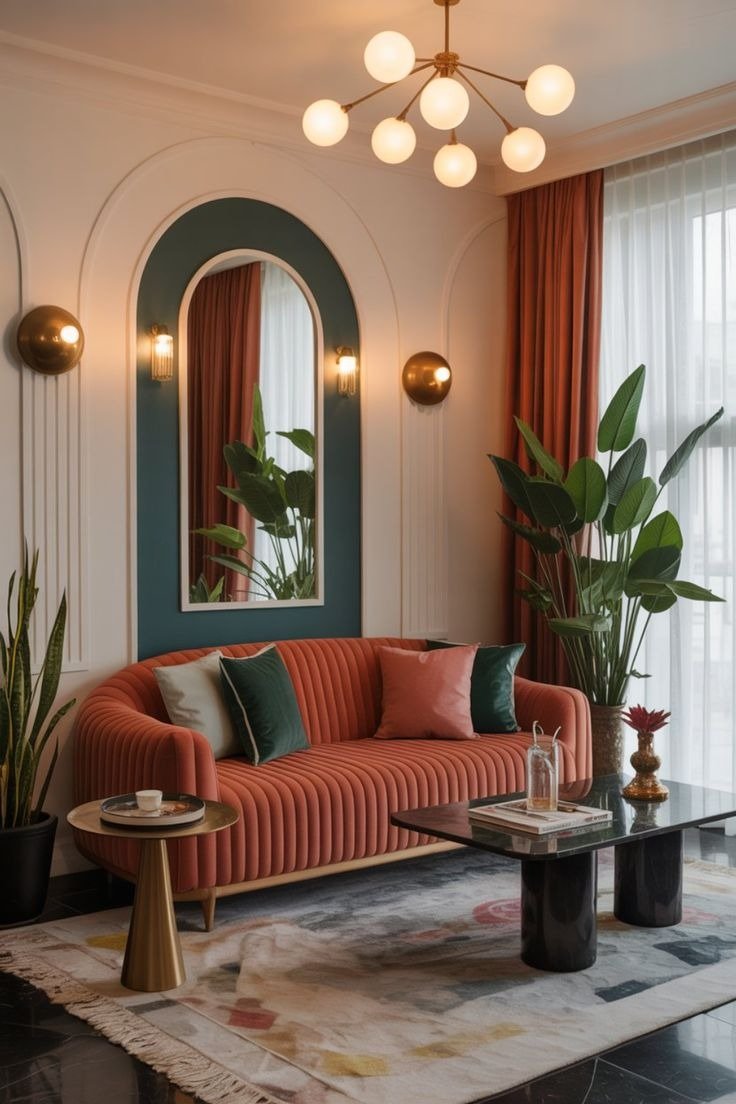 Sala neo déco com sofá curvo em veludo terracota, almofadas em tons verde e rosa, mesa de centro preta, luminária esférica