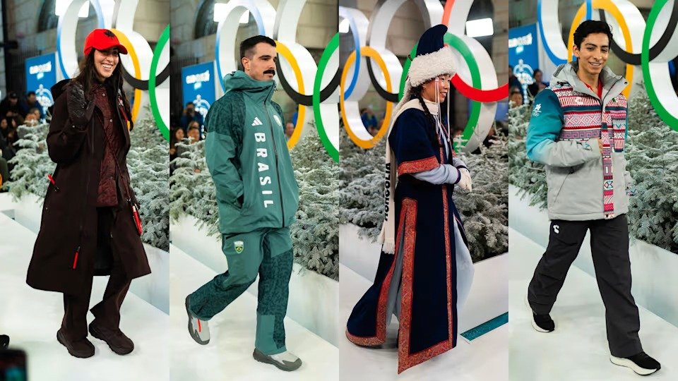 Modelos posam com roupas de inverno para Olimpíadas de Inverno 2026, destacando casacos acolchoados, tecidos técnicos
