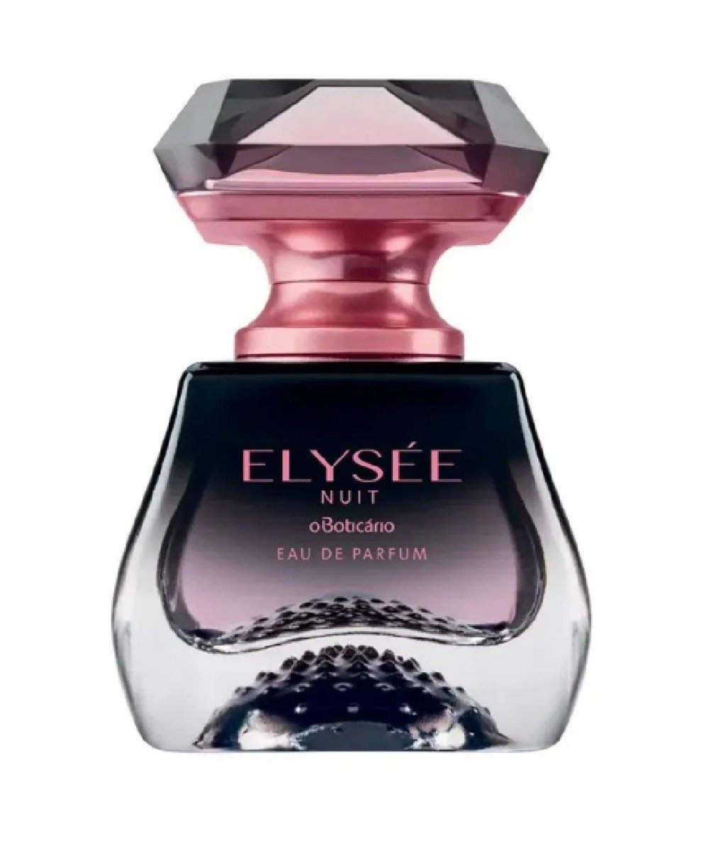 Frasco sofisticado de perfumes de alta fixação Elyséé Nuit com vidro translúcido, detalhes em rosa metálico e design
