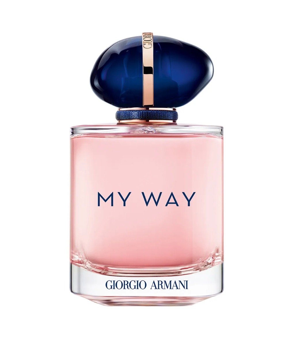 Frasco elegante de perfumes de alta fixação My Way com líquido rosa suave e tampa azul escura brilhante em design