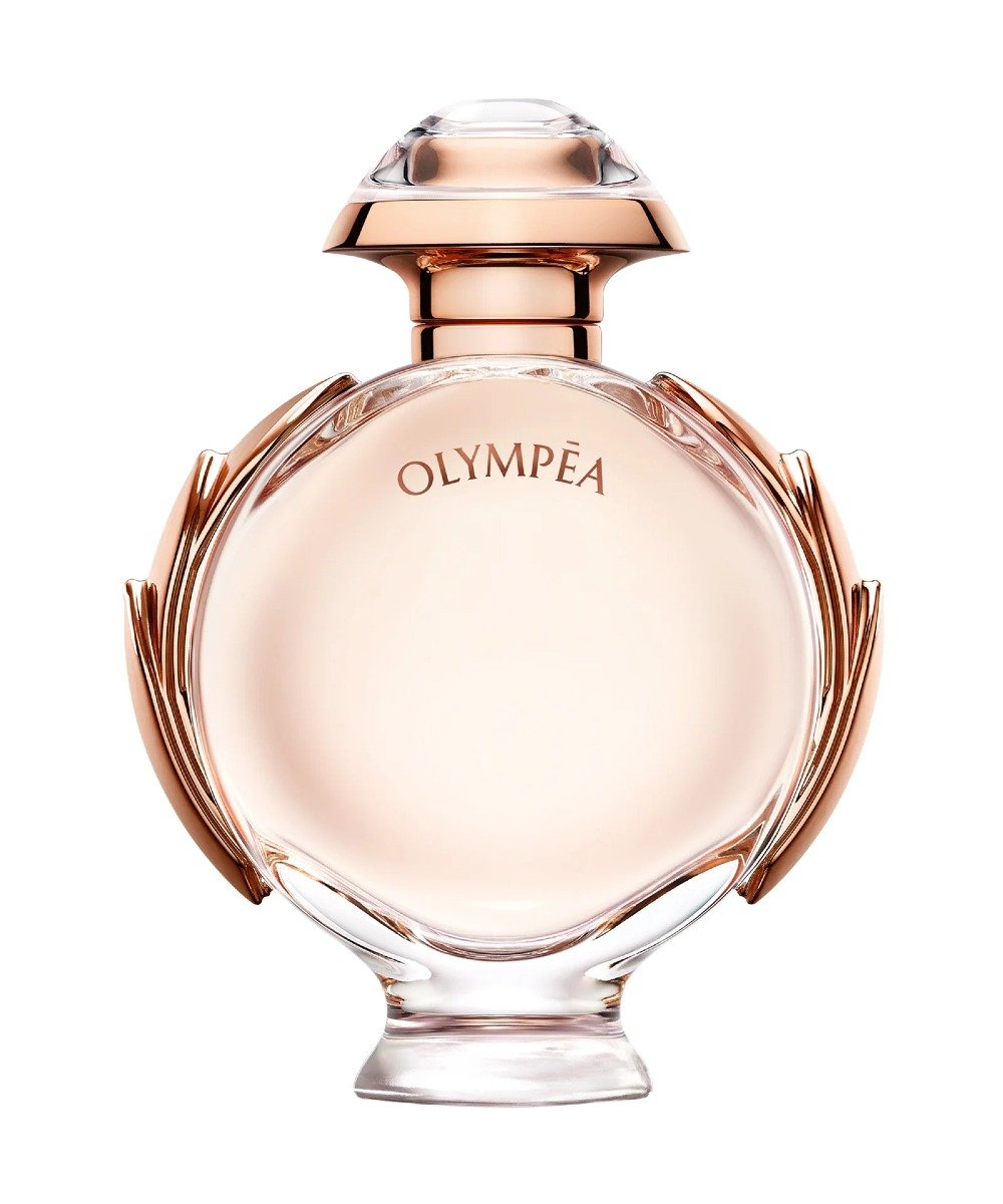 Frasco arredondado de vidro transparente com detalhes em dourado rosé destaca perfumes de alta fixação com design