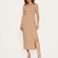 Vestido Bisô Midi Alfaiataria Risca de Giz Bege - Bege