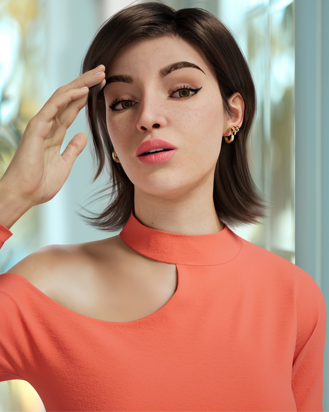 Modelo posa com cabelo castanho liso, vestido coral com recorte assimétrico e argolas douradas, em clima elegante.