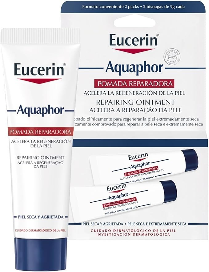 Produtos de até 50 reais: pomada reparadora Eucerin Aquaphor branca e azul em bisnaga e caixa.